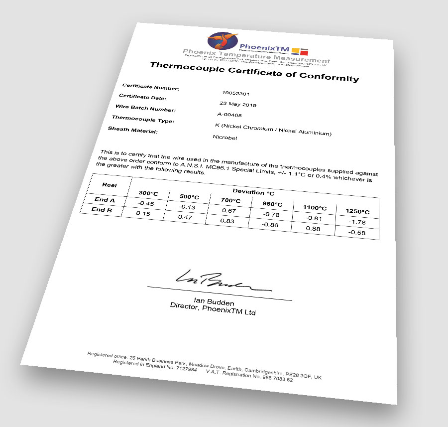 Thermocouple Certificate of calibration